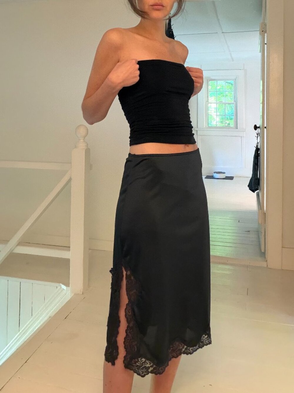 Greenco Maid Vintage Lace Trim Midi Slip Skirt Black Size S